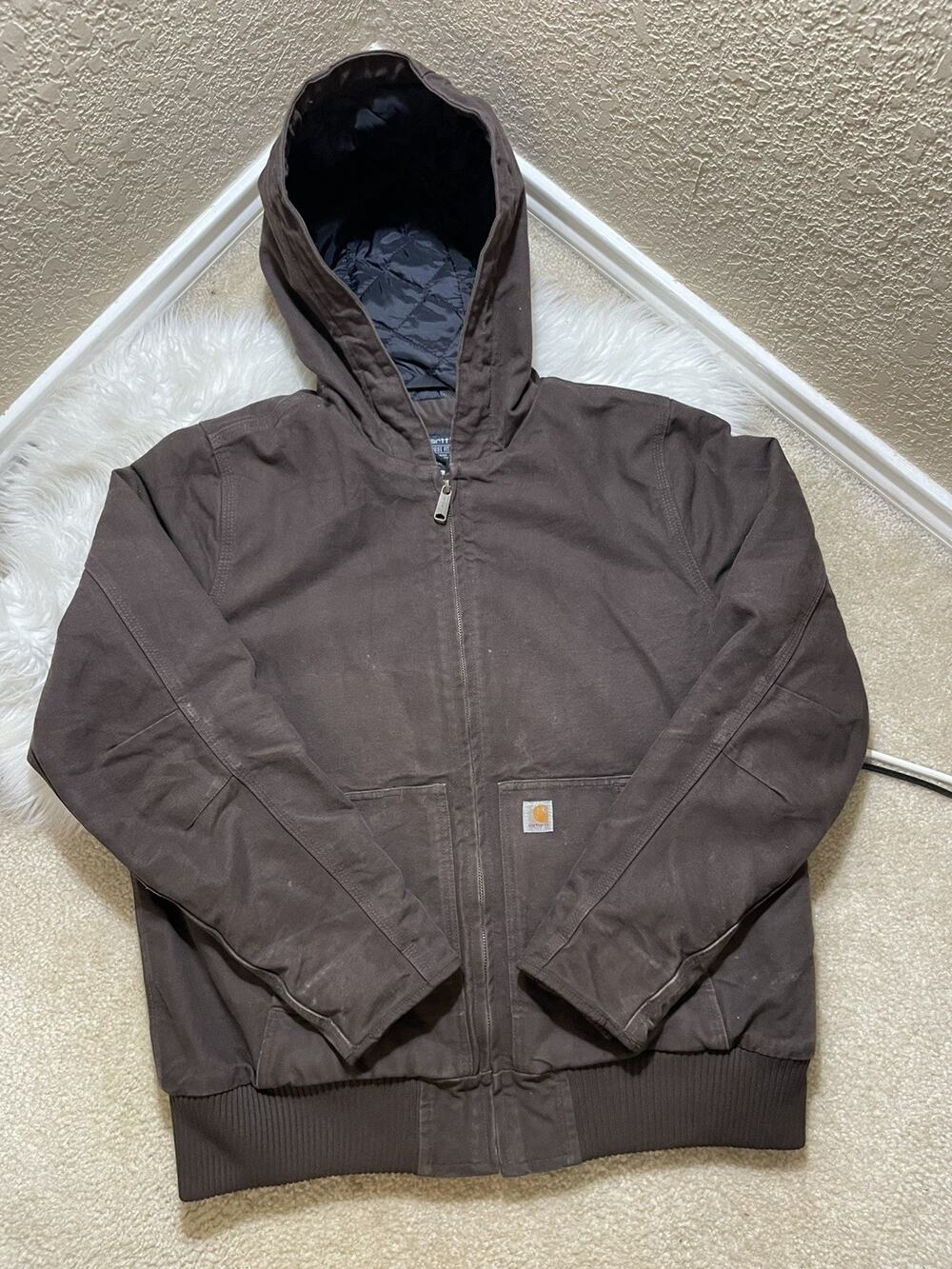 Vtg Carhartt Jacket Mens XL Loose Bomber Canvas Quilted J130-W Washed Hooded